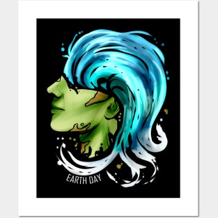 Earth Face With Ocean Wave Hair For Earth Day Posters and Art